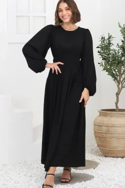 Sheyne Maxi Dress - Long Balloon Sleeve Elasicated Waist A Line Dress in Black><noscript><img width=