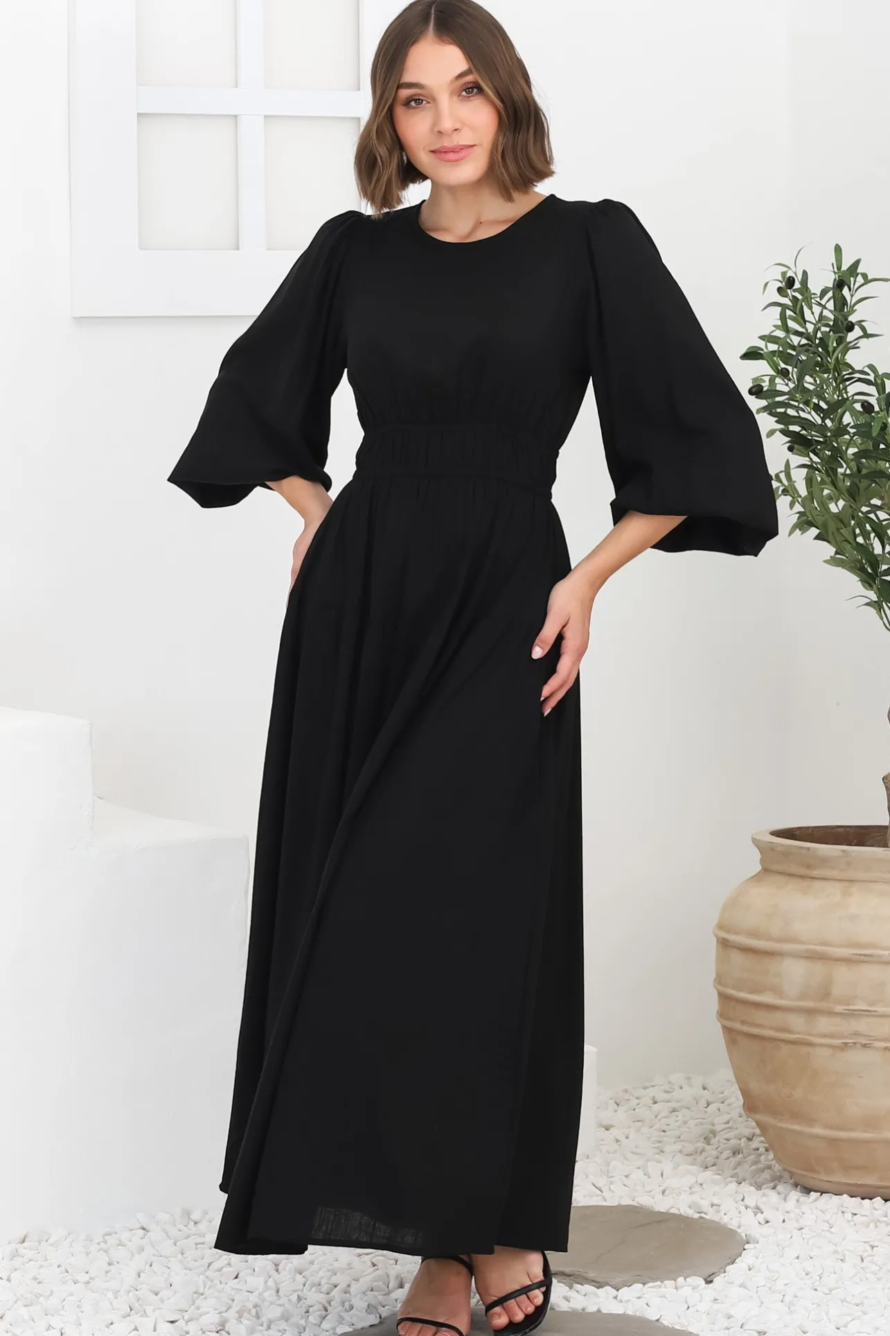 Sheyne Maxi Dress - Long Balloon Sleeve Elasicated Waist A Line Dress in Black>Salty Crush Best