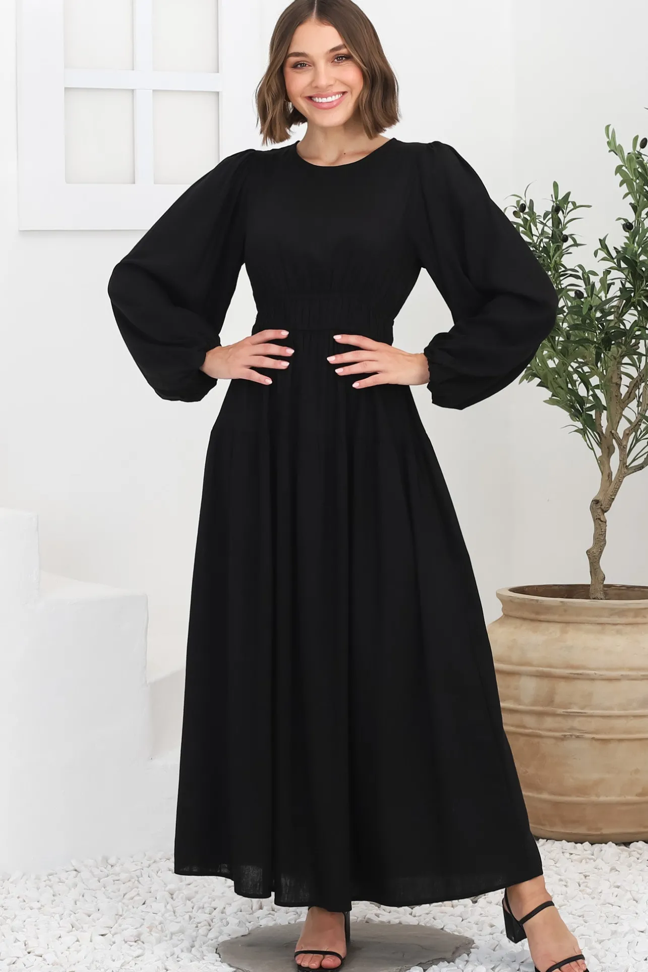Sheyne Maxi Dress - Long Balloon Sleeve Elasicated Waist A Line Dress in Black>Salty Crush Best