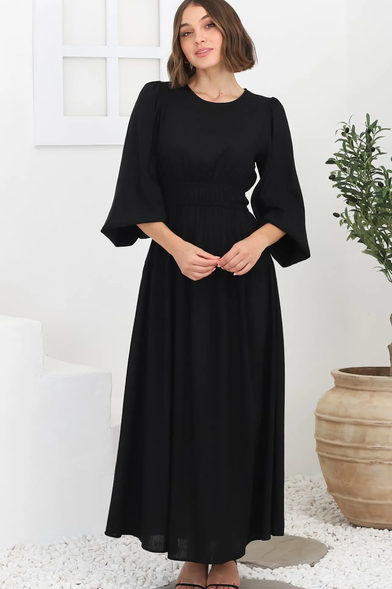 Sheyne Maxi Dress - Long Balloon Sleeve Elasicated Waist A Line Dress in Black>Salty Crush Best