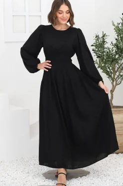Sheyne Maxi Dress - Long Balloon Sleeve Elasicated Waist A Line Dress in Black><noscript><img width=