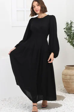 Sheyne Maxi Dress - Long Balloon Sleeve Elasicated Waist A Line Dress in Black><noscript><img width=