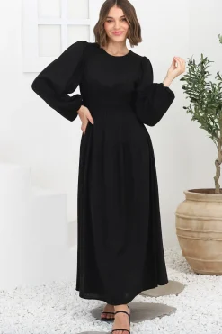 Sheyne Maxi Dress - Long Balloon Sleeve Elasicated Waist A Line Dress in Black><noscript><img width=