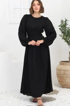 Sheyne Maxi Dress - Long Balloon Sleeve Elasicated Waist A Line Dress in Black><noscript><img width=