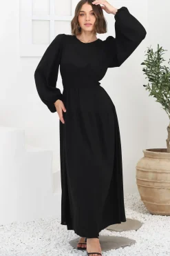 Sheyne Maxi Dress - Long Balloon Sleeve Elasicated Waist A Line Dress in Black><noscript><img width=