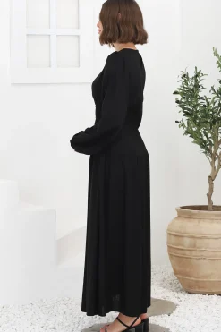 Sheyne Maxi Dress - Long Balloon Sleeve Elasicated Waist A Line Dress in Black><noscript><img width=