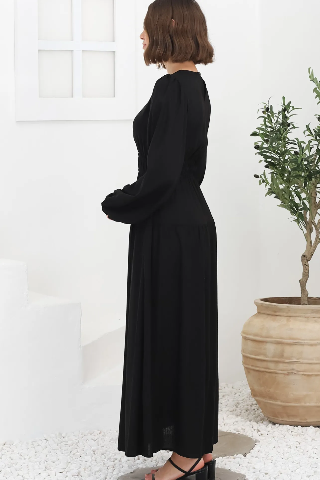 Sheyne Maxi Dress - Long Balloon Sleeve Elasicated Waist A Line Dress in Black>Salty Crush Best