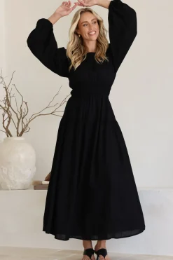 Sheyne Maxi Dress - Long Balloon Sleeve Elasicated Waist A Line Dress in Black><noscript><img width=