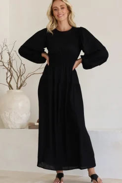 Sheyne Maxi Dress - Long Balloon Sleeve Elasicated Waist A Line Dress in Black><noscript><img width=