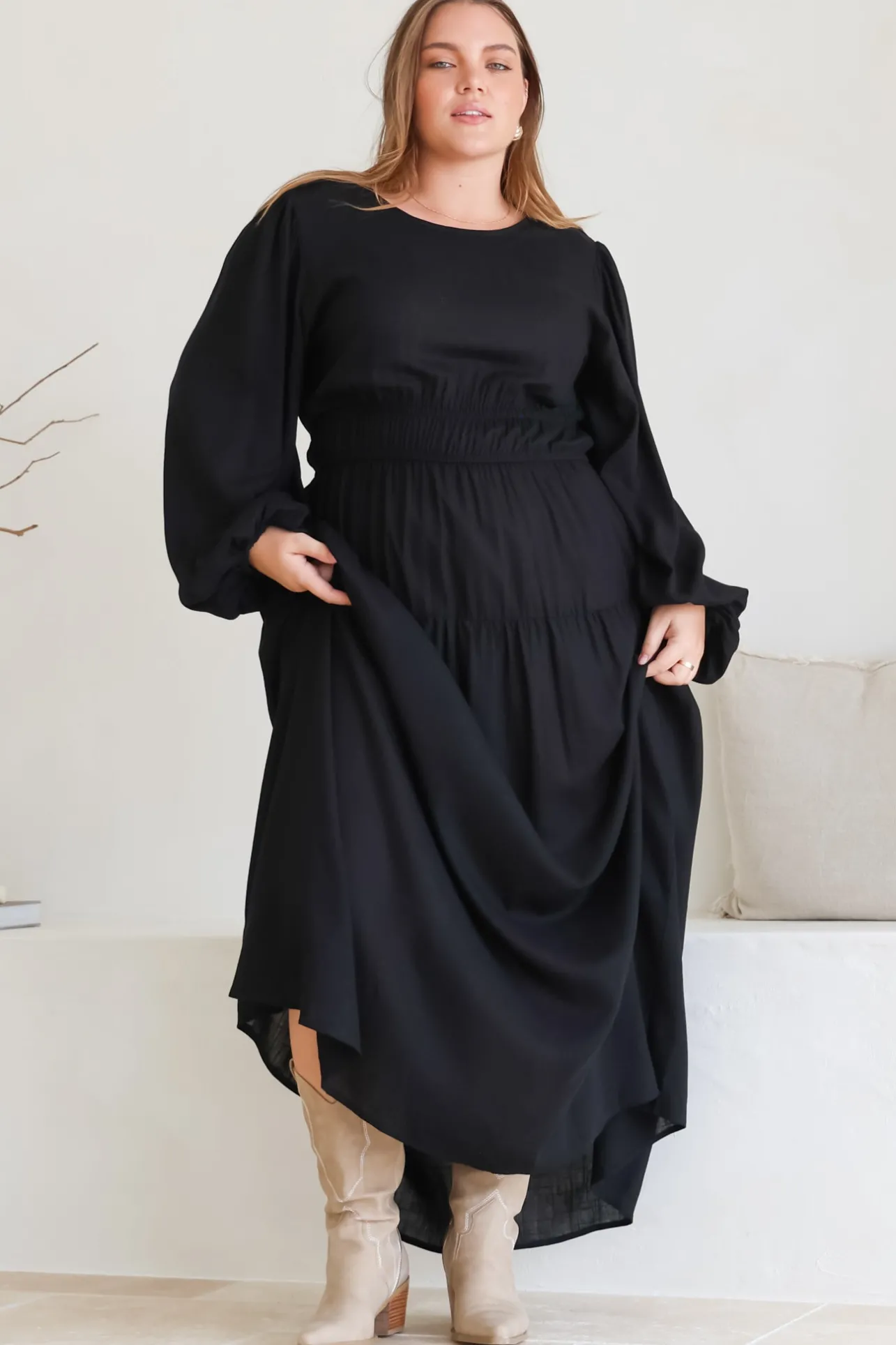 Sheyne Maxi Dress - Long Balloon Sleeve Elasicated Waist A Line Dress in Black>Salty Crush Best