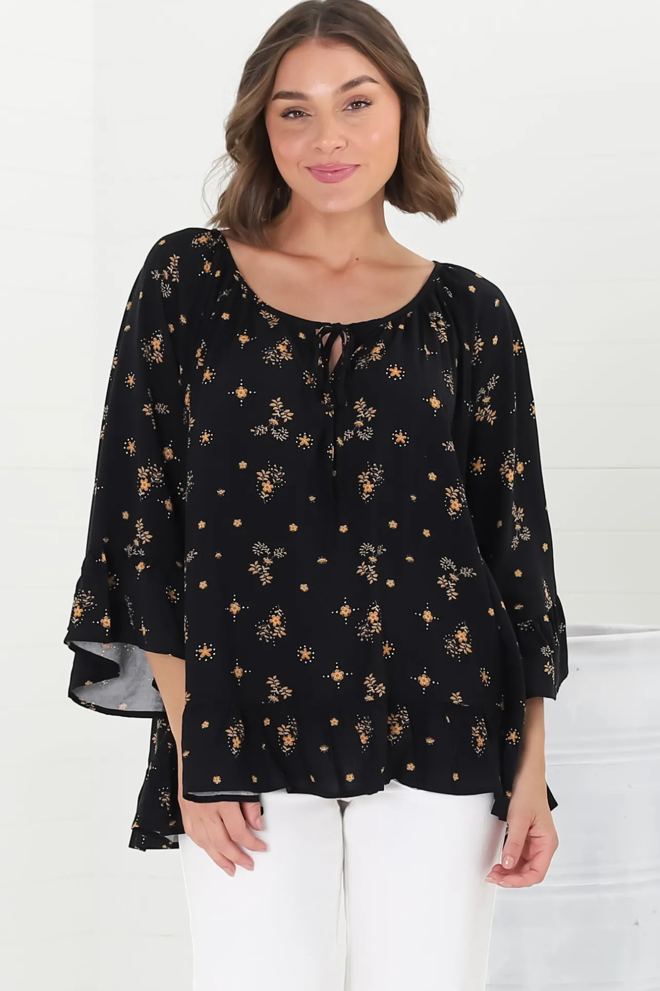 Shilo Top - V-Neck Smock Top with 3/4 Flute Sleeves in Melany Print Black>Salty Crush