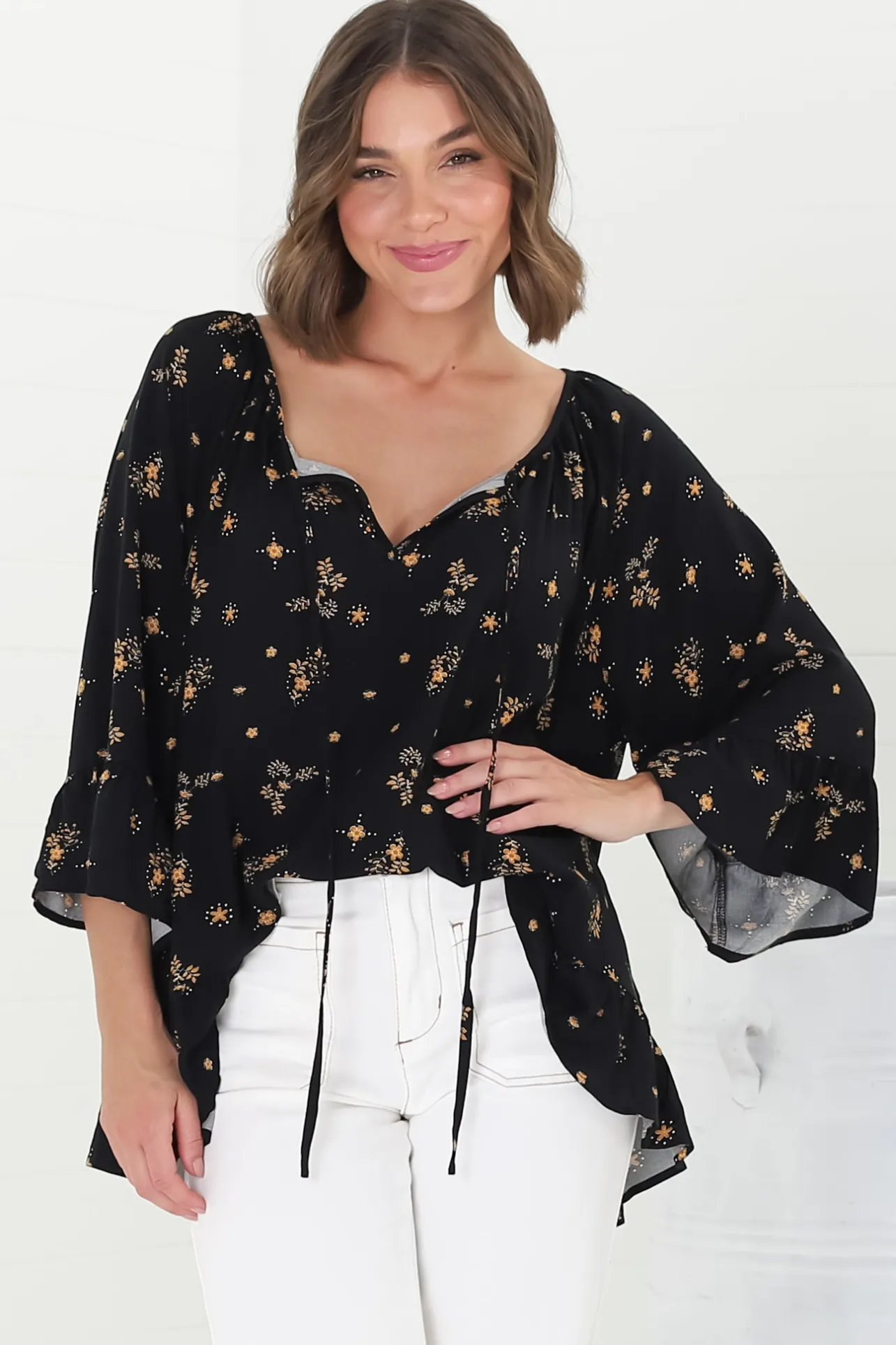 Shilo Top - V-Neck Smock Top with 3/4 Flute Sleeves in Melany Print Black>Salty Crush