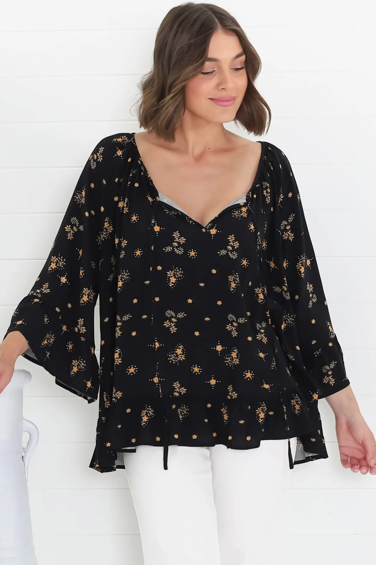 Shilo Top - V-Neck Smock Top with 3/4 Flute Sleeves in Melany Print Black>Salty Crush