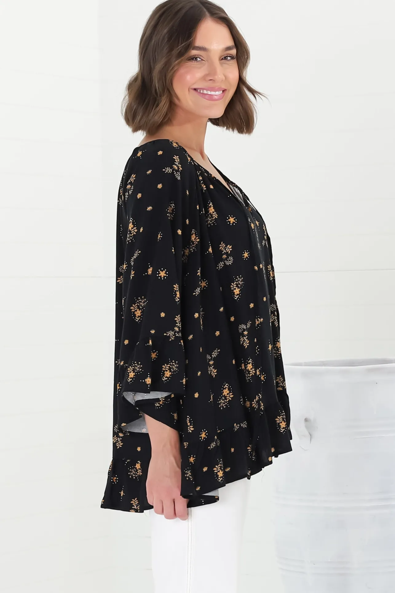 Shilo Top - V-Neck Smock Top with 3/4 Flute Sleeves in Melany Print Black>Salty Crush