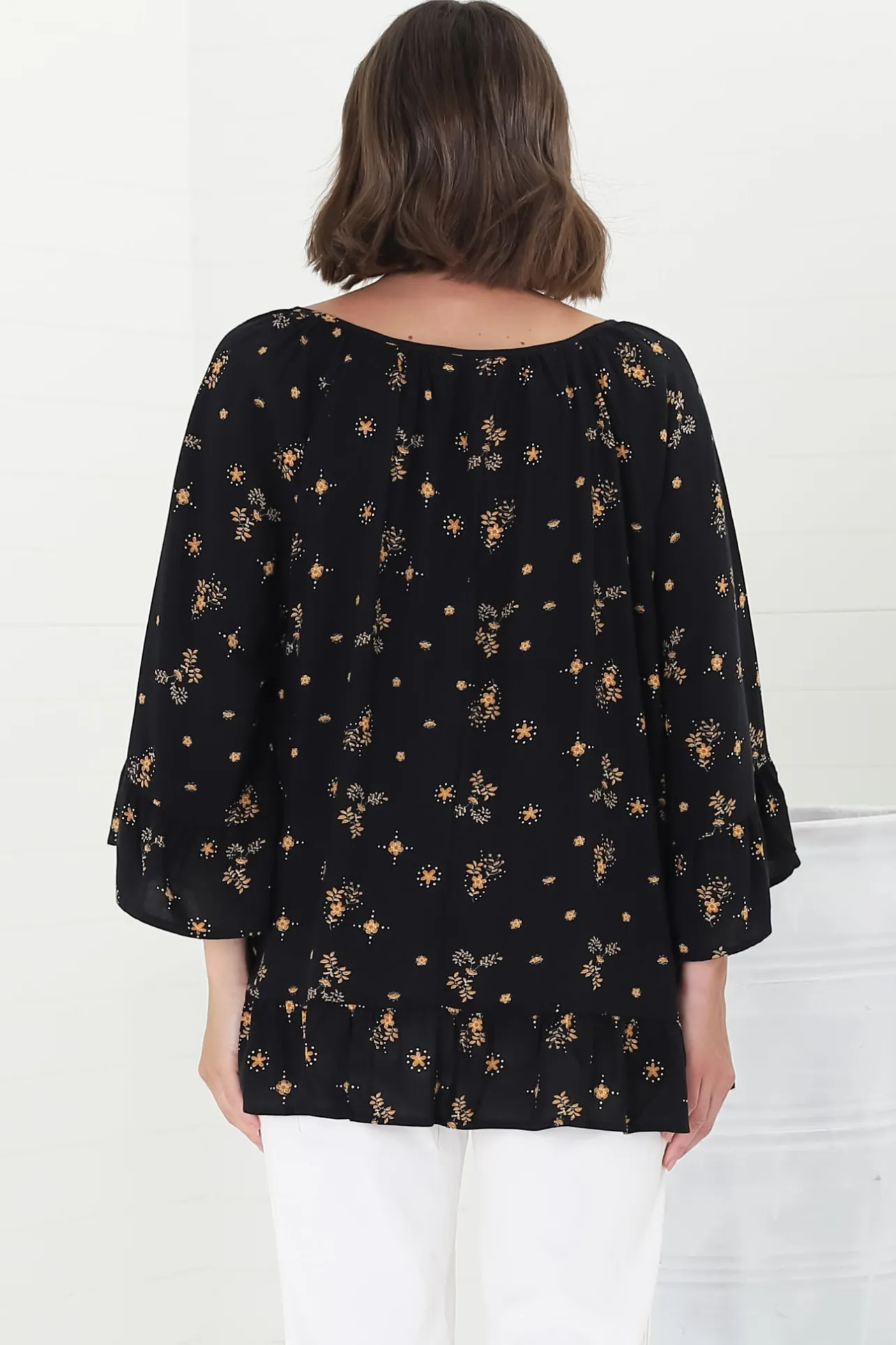 Shilo Top - V-Neck Smock Top with 3/4 Flute Sleeves in Melany Print Black>Salty Crush