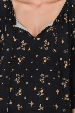 Shilo Top - V-Neck Smock Top with 3/4 Flute Sleeves in Melany Print Black><noscript><img width=