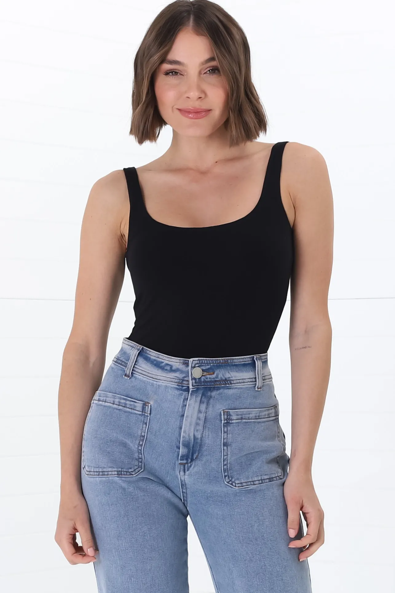 Sidney Singlet - Thin Strap Square Neckline Double Layered Singlet in Black>Salty Crush New