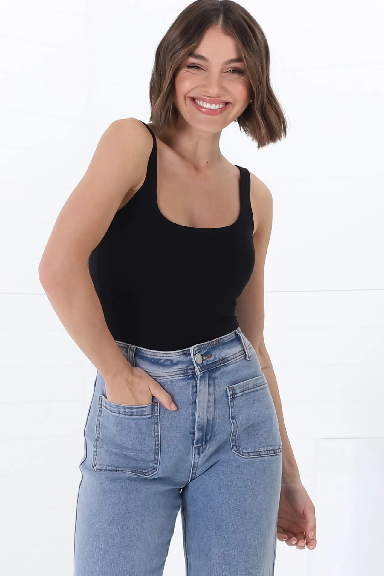 Sidney Singlet - Thin Strap Square Neckline Double Layered Singlet in Black>Salty Crush New