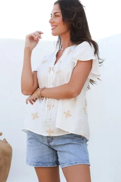 Siempre Top - Mandarin Collar Peplum Hem Top in Gigi Print White><noscript><img width=