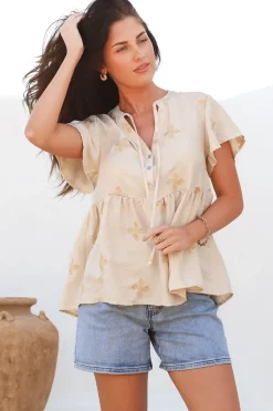 Siempre Top - Mandarin Collar Peplum Hem Top in Gigi Print Beige>Salty Crush Sale