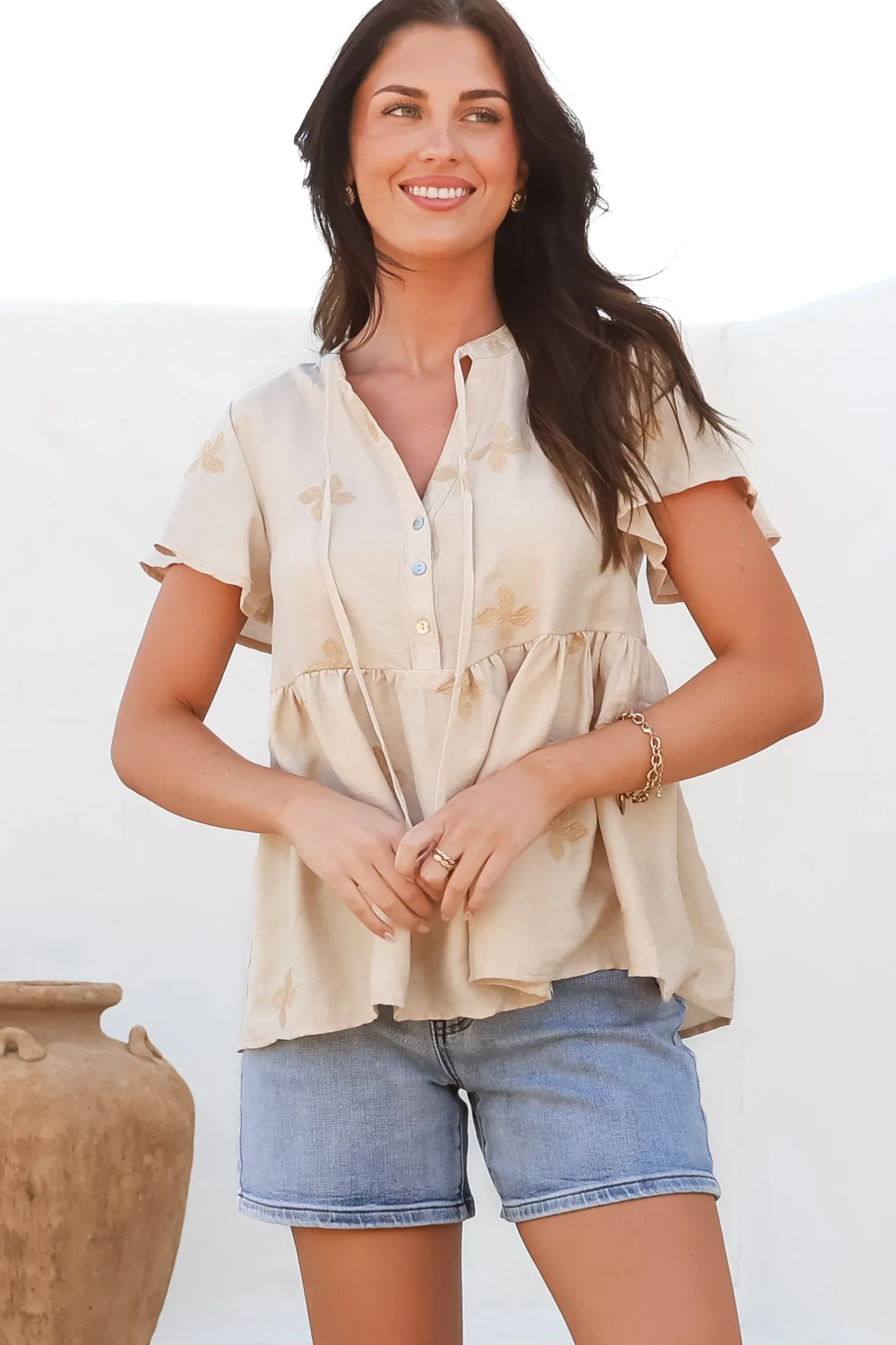 Siempre Top - Mandarin Collar Peplum Hem Top in Gigi Print Beige>Salty Crush Sale