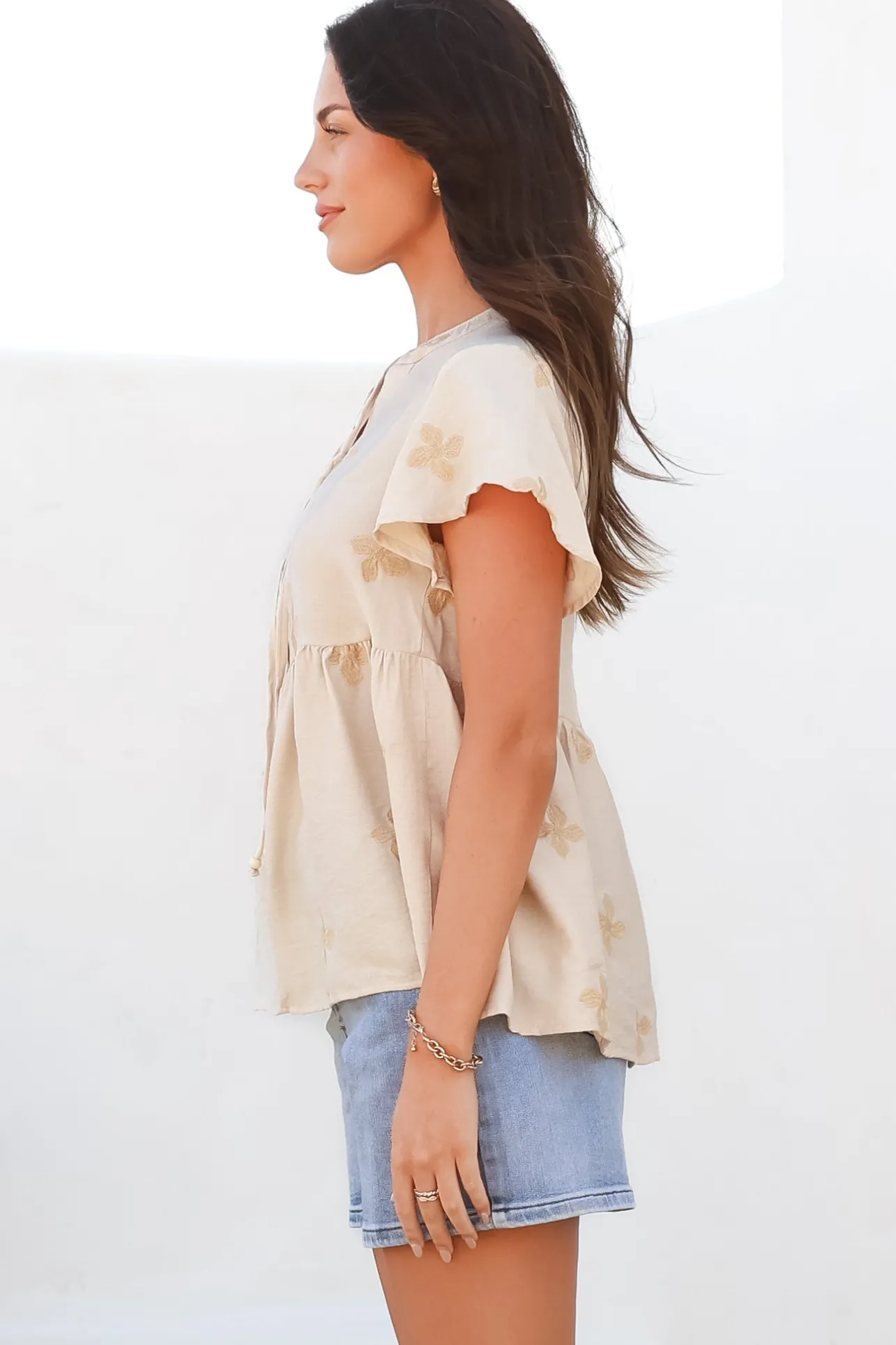Siempre Top - Mandarin Collar Peplum Hem Top in Gigi Print Beige>Salty Crush Sale
