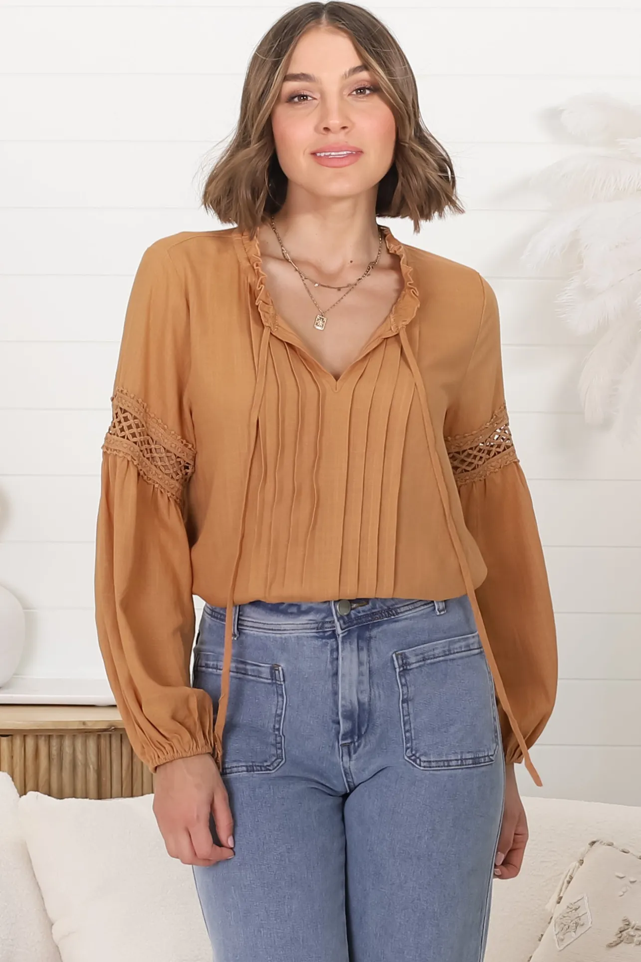 Silas Top - Cotton Blend Pleating and Crochet Detailed Long Sleeve Blouse in Tan>Salty Crush Discount