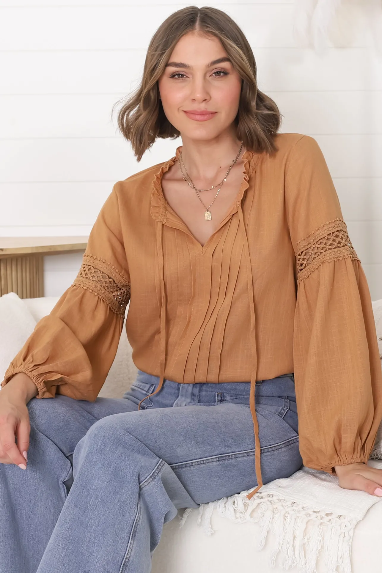 Silas Top - Cotton Blend Pleating and Crochet Detailed Long Sleeve Blouse in Tan>Salty Crush Discount