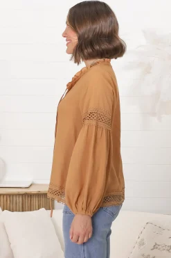 Silas Top - Cotton Blend Pleating and Crochet Detailed Long Sleeve Blouse in Tan><noscript><img width=