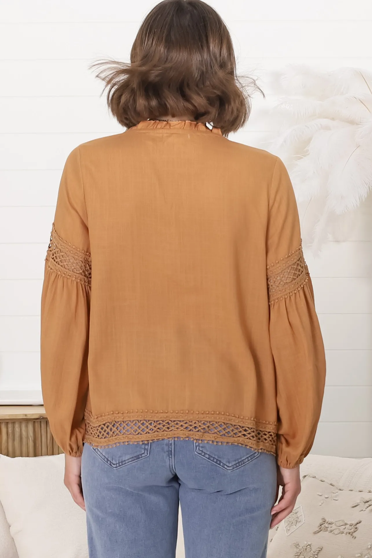 Silas Top - Cotton Blend Pleating and Crochet Detailed Long Sleeve Blouse in Tan>Salty Crush Discount