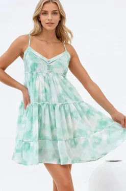 Sitara Mini Dress - V-Neck Tiered Sun Dress in Tie Dye Print Green>Salty Crush Discount
