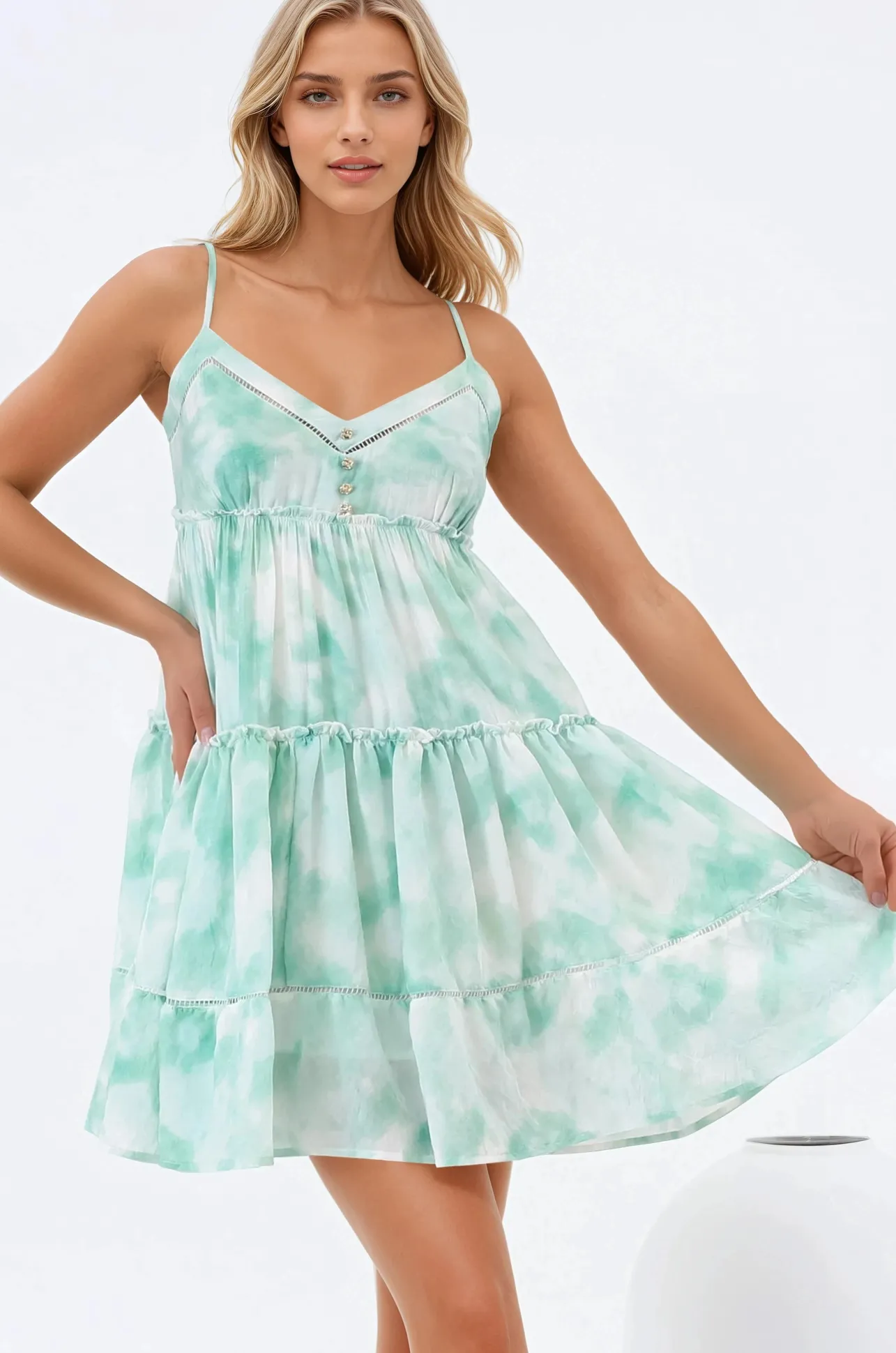 Sitara Mini Dress - V-Neck Tiered Sun Dress in Tie Dye Print Green>Salty Crush Discount