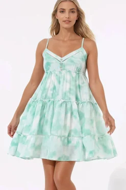 Sitara Mini Dress - V-Neck Tiered Sun Dress in Tie Dye Print Green><noscript><img width=
