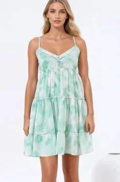 Sitara Mini Dress - V-Neck Tiered Sun Dress in Tie Dye Print Green><noscript><img width=