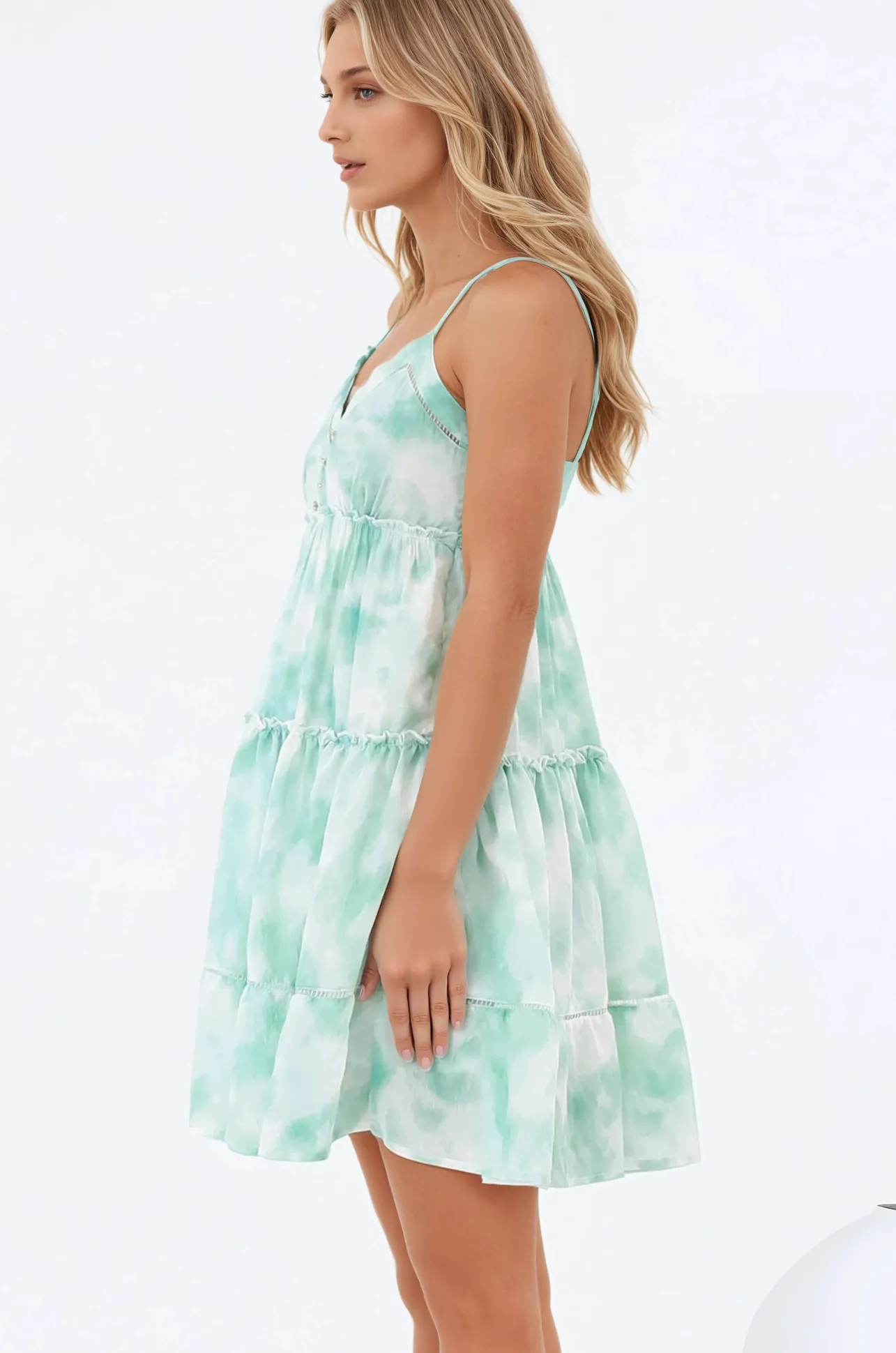Sitara Mini Dress - V-Neck Tiered Sun Dress in Tie Dye Print Green>Salty Crush Discount