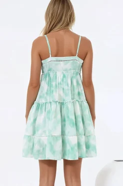 Sitara Mini Dress - V-Neck Tiered Sun Dress in Tie Dye Print Green><noscript><img width=
