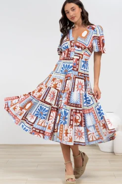 Sivana Midi Dress - V-Neck Buttoned Down Dress with Short Sleeves in Lirael Print>Salty Crush Sale