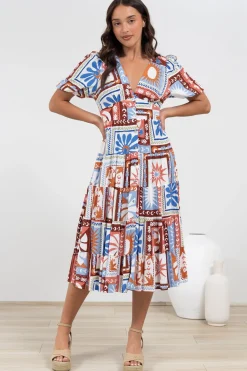 Sivana Midi Dress - V-Neck Buttoned Down Dress with Short Sleeves in Lirael Print><noscript><img width=