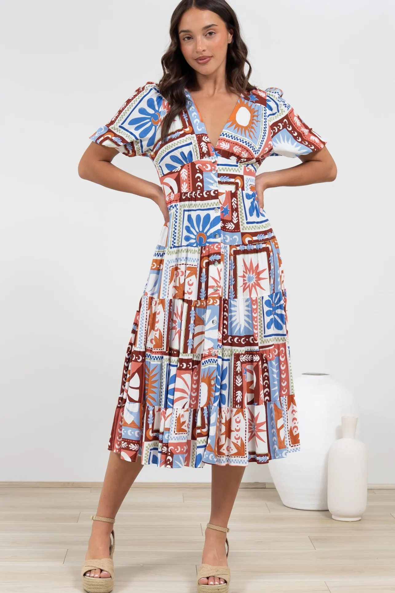 Sivana Midi Dress - V-Neck Buttoned Down Dress with Short Sleeves in Lirael Print>Salty Crush Sale