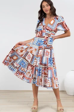 Sivana Midi Dress - V-Neck Buttoned Down Dress with Short Sleeves in Lirael Print><noscript><img width=