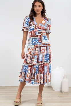 Sivana Midi Dress - V-Neck Buttoned Down Dress with Short Sleeves in Lirael Print><noscript><img width=