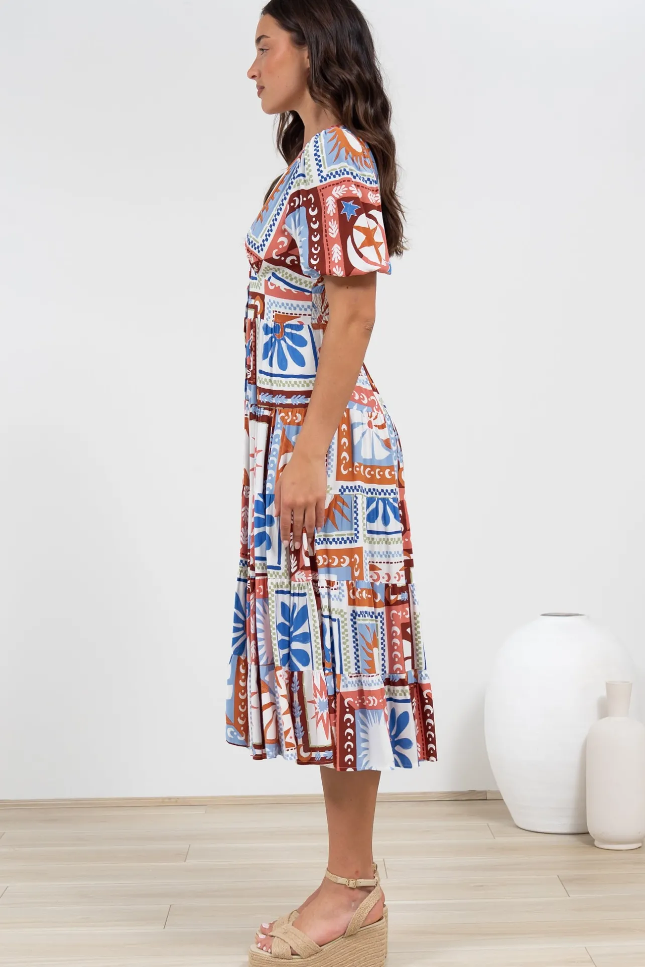 Sivana Midi Dress - V-Neck Buttoned Down Dress with Short Sleeves in Lirael Print>Salty Crush Sale