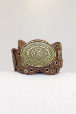 Slate Rivet Gold Buckle Belt - Brown><noscript><img width=