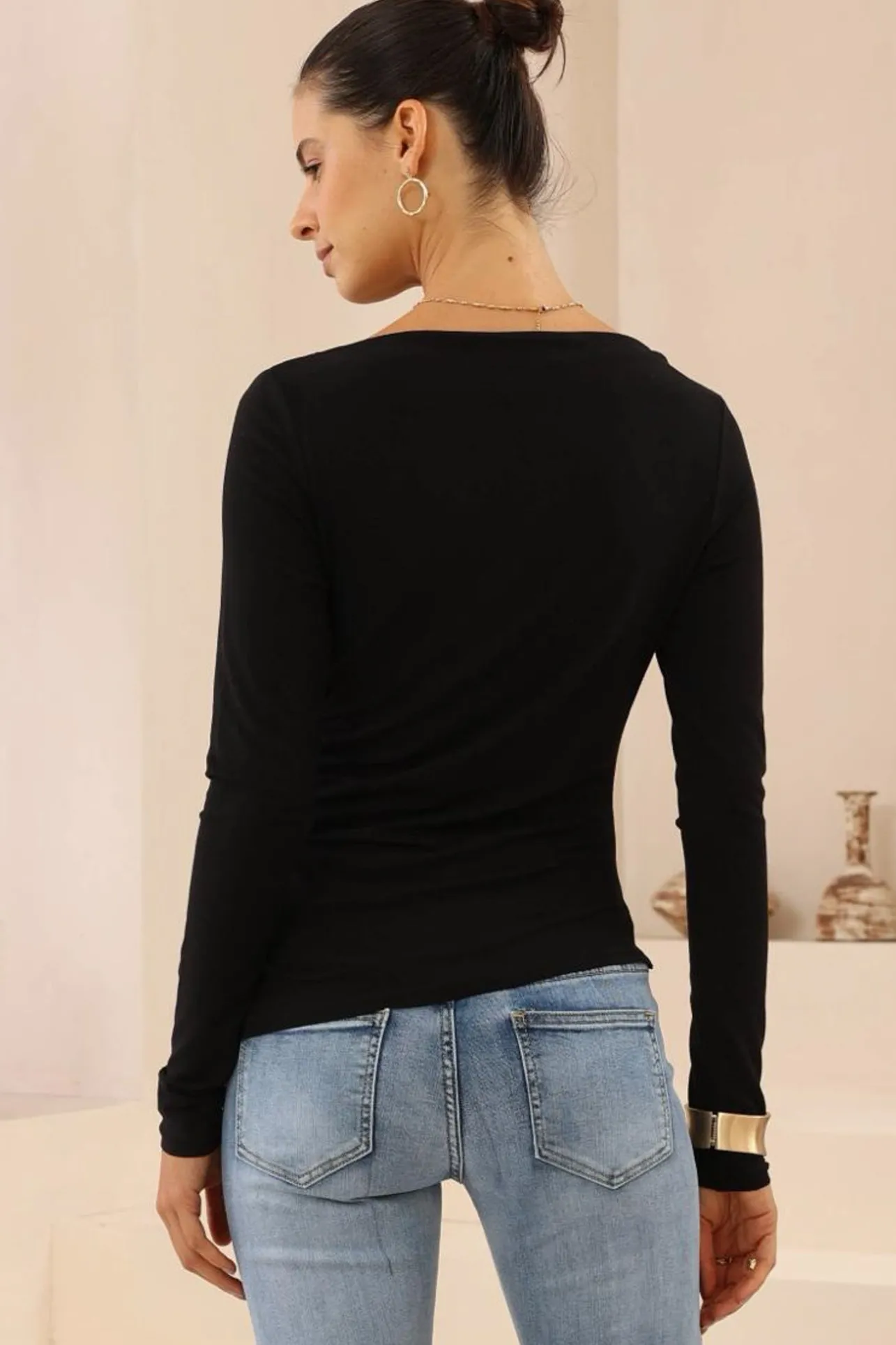 Slate Top - Boat Neck Long Sleeve Top in Black>Salty Crush Hot