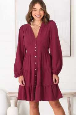 Soho Mini Dress - A Line Button Down Tiered Dress in Berry>Salty Crush Best