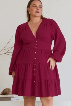 Soho Mini Dress - A Line Button Down Tiered Dress in Berry>Salty Crush Best