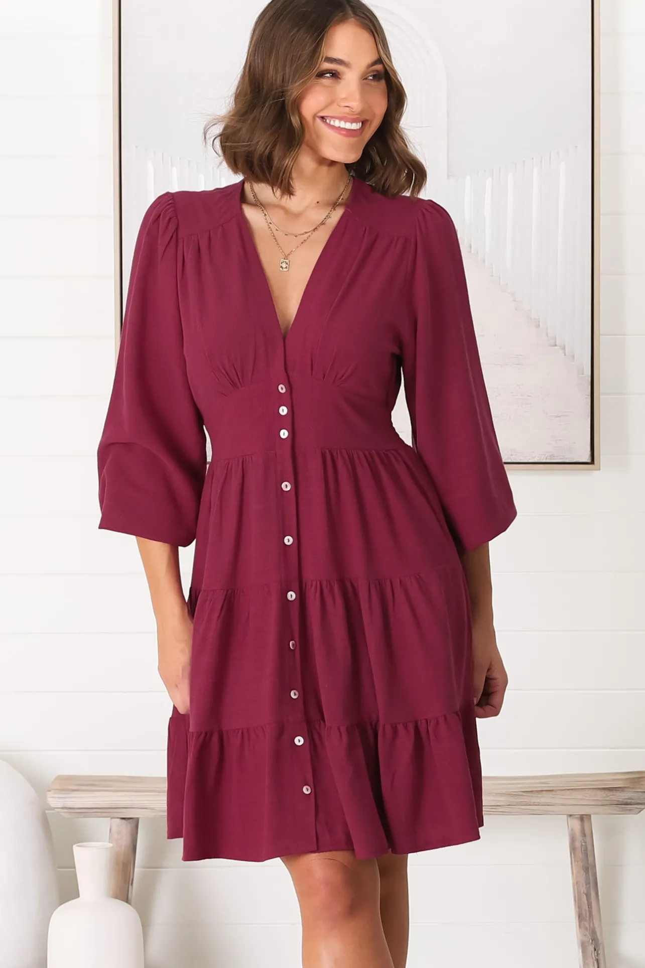 Soho Mini Dress - A Line Button Down Tiered Dress in Berry>Salty Crush Best