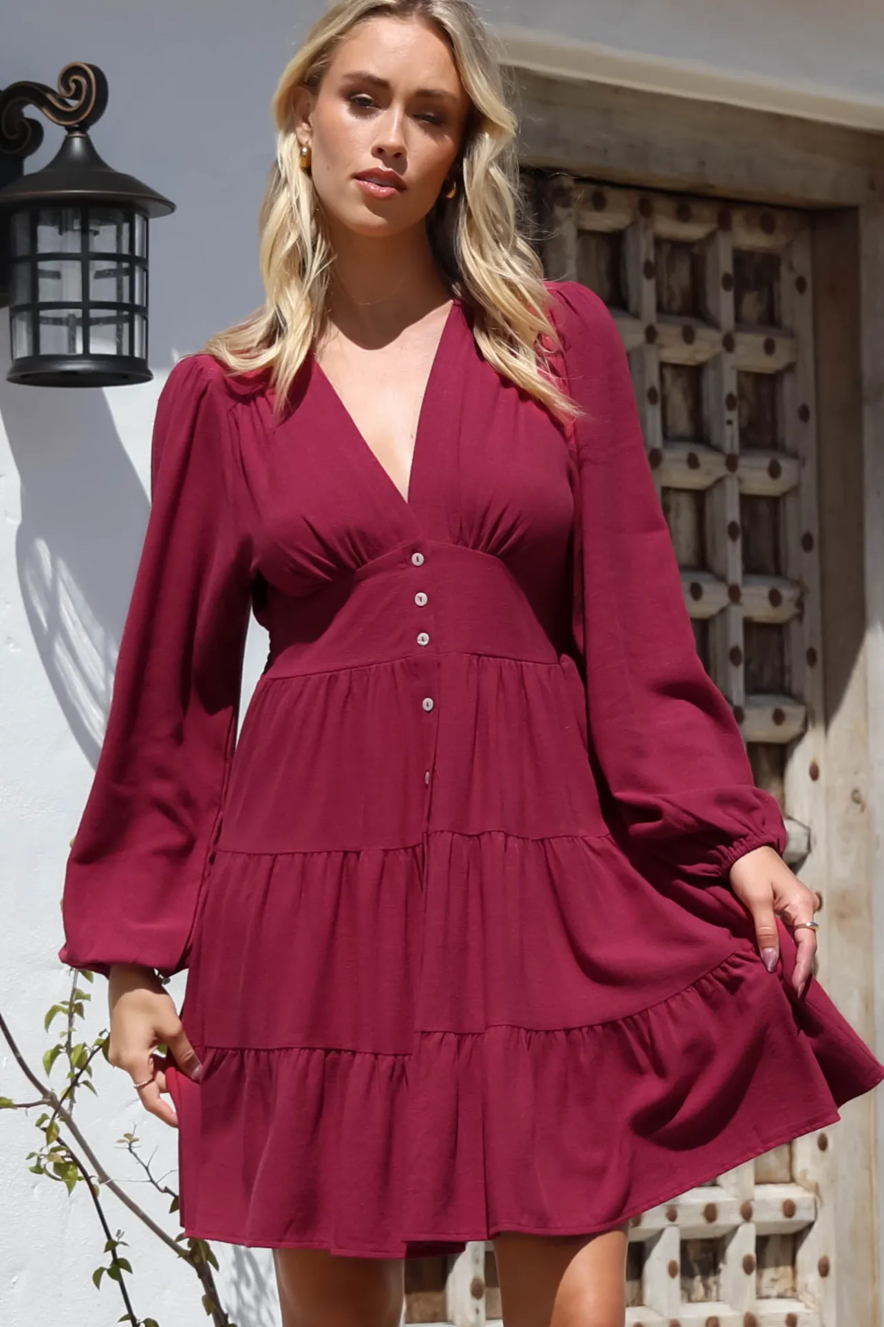 Soho Mini Dress - A Line Button Down Tiered Dress in Berry>Salty Crush Best