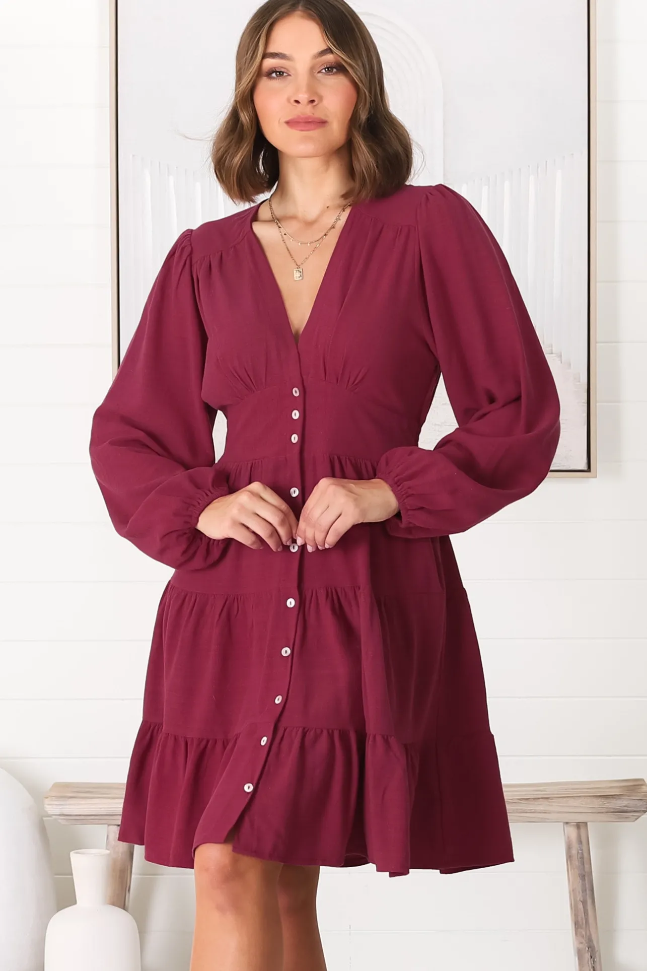 Soho Mini Dress - A Line Button Down Tiered Dress in Berry>Salty Crush Best