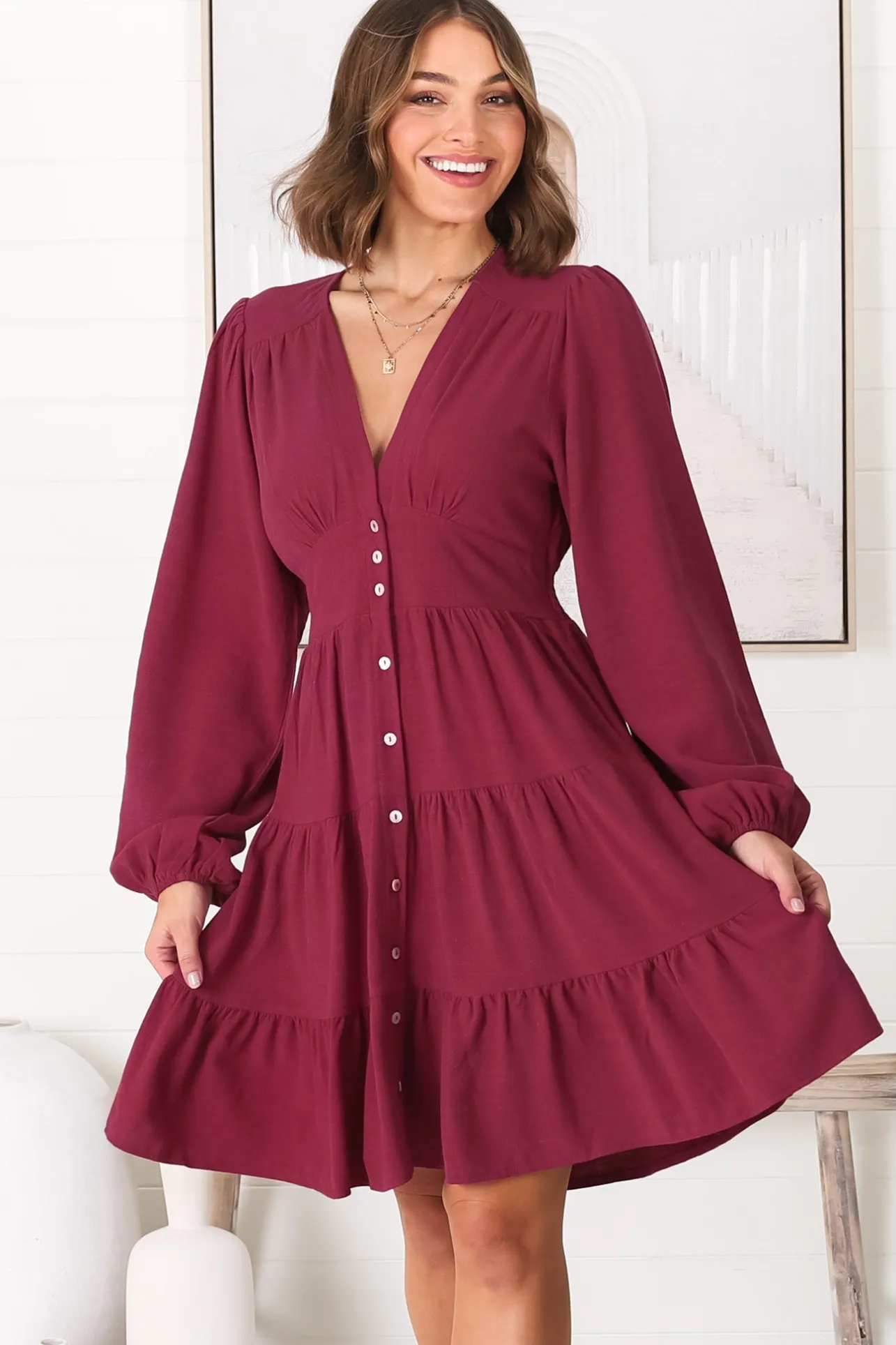 Soho Mini Dress - A Line Button Down Tiered Dress in Berry>Salty Crush Best